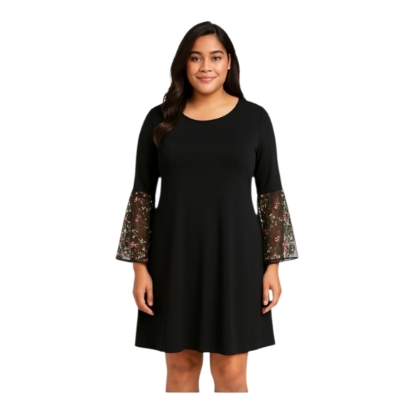 New Prelude Women's Plus Midi Black Bell Sleeve Sheer Straight Dress 2X - Picture 1 of 8
